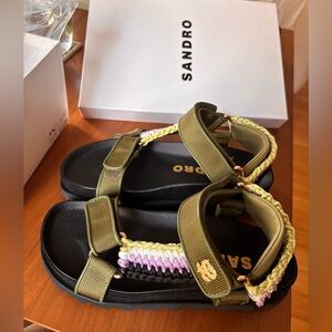 NWT Sandro green Braided cord and webbing sandals 37